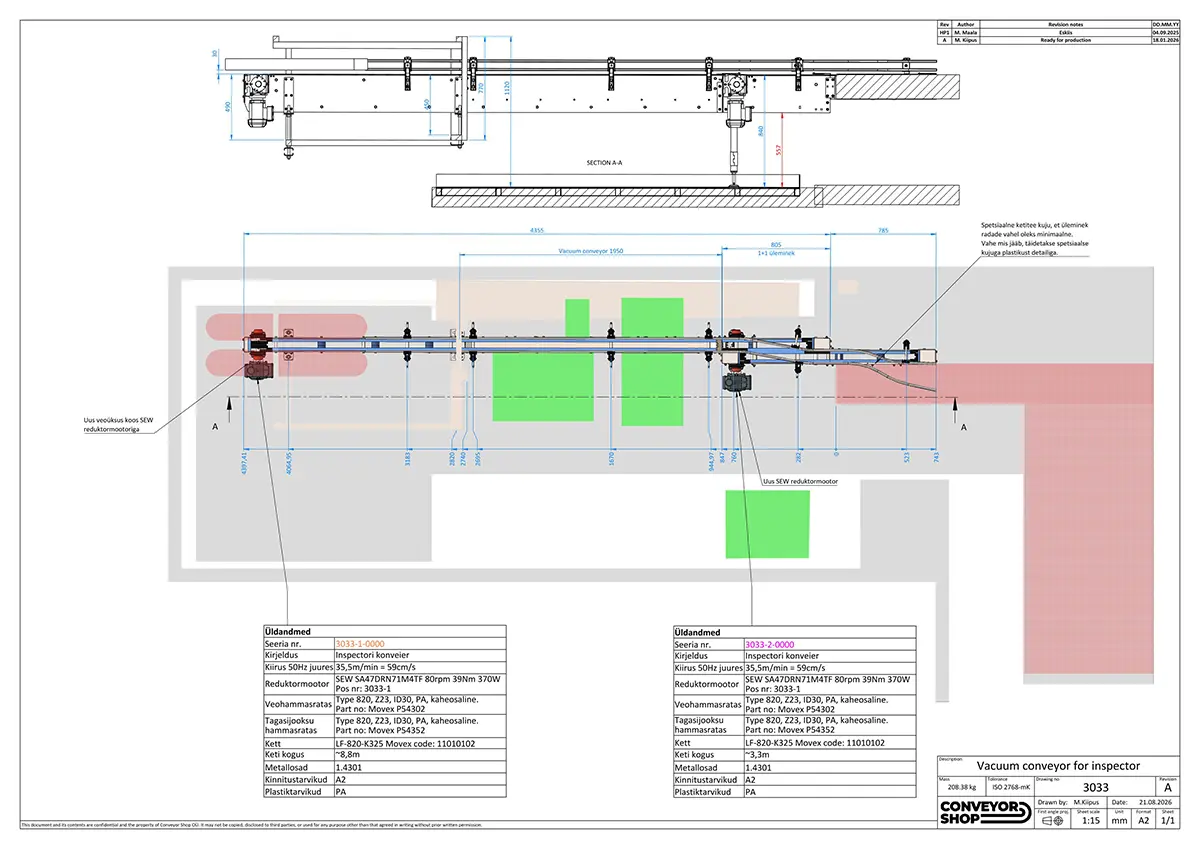 Vacuum conveyor feeding an inspector
