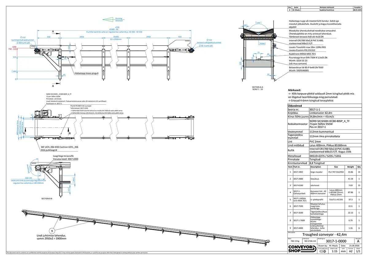 42 m troughed belt conveyor