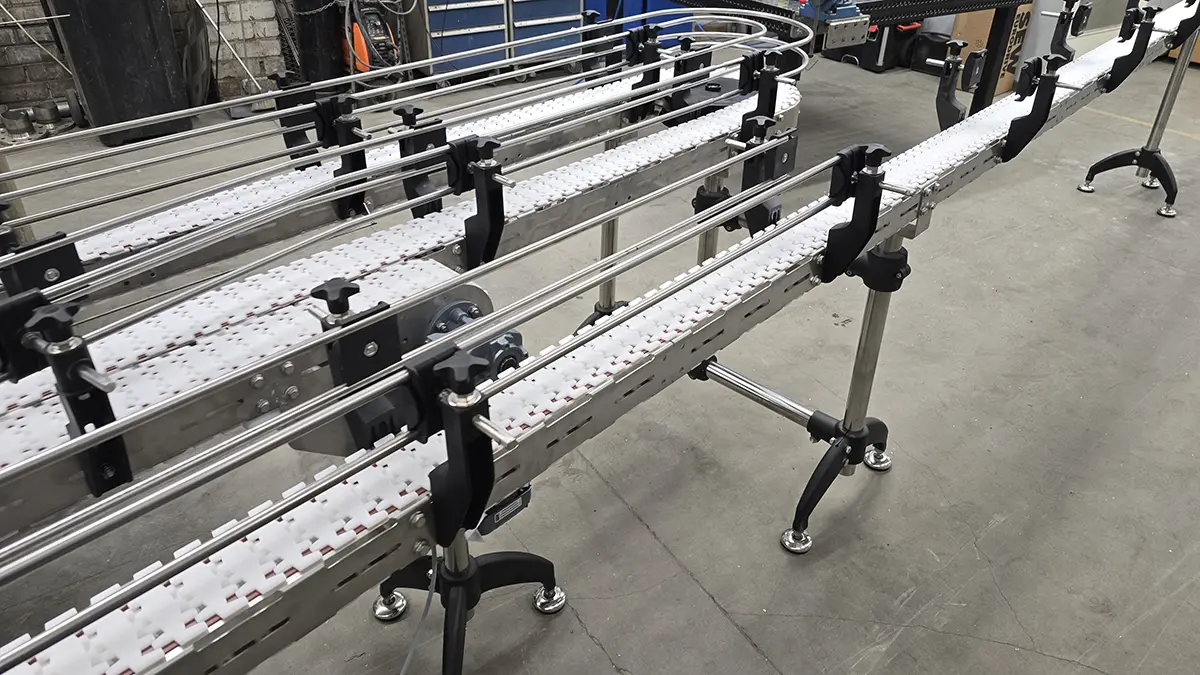 Plastic chain conveyor lines set up for a test run